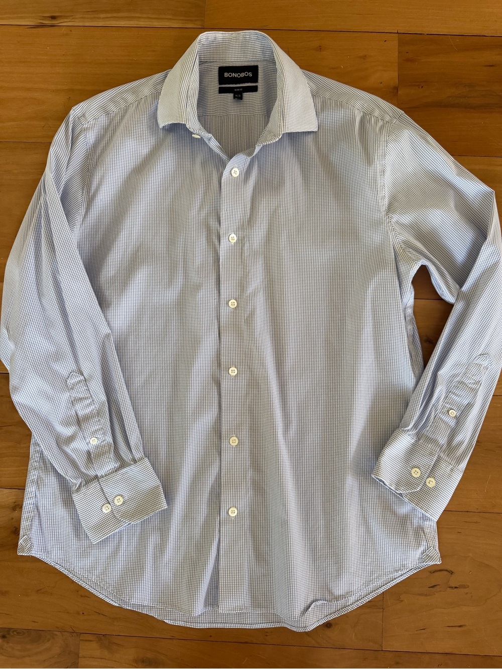 Bonobos Slim Fit Men's Dress Shirt Blue/White Plaid Check Stretch 16.5x34 Button
